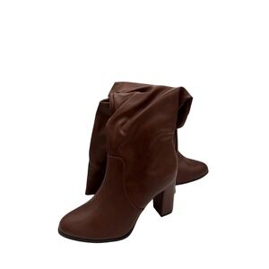 Brown Faux Leather Slouchy Knee High Block Heel Boots Almond Toe Size‎ 6
